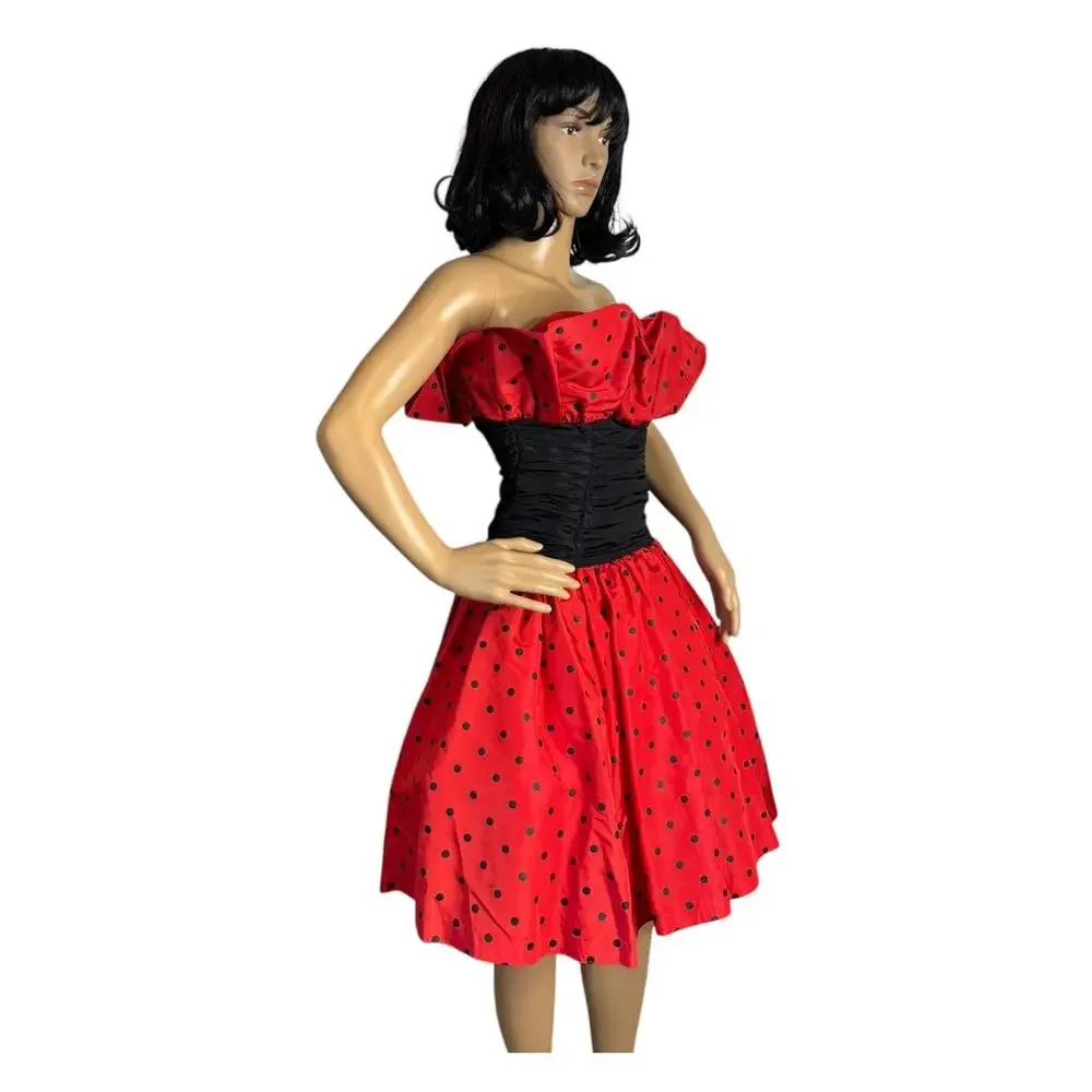1980s Vintage Red Black Polka Dot Strapless Party Dress XS